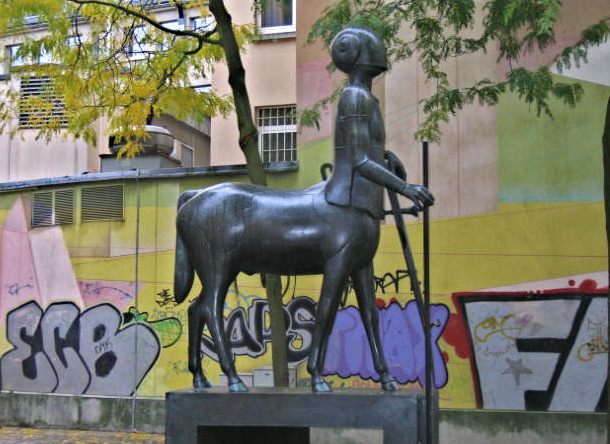 Centaur with grafitti getting wet, Luxembourg 